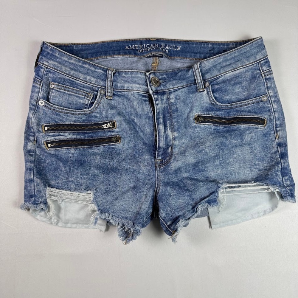 American Eagle Hi-Rise Shortie Distressed Denim Jean Shorts Blue Acid Size 16